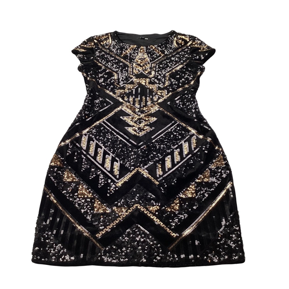 Express Womens Black Velvet Sequin Art Deco Mini Dress Gold Silver XS XS/TP